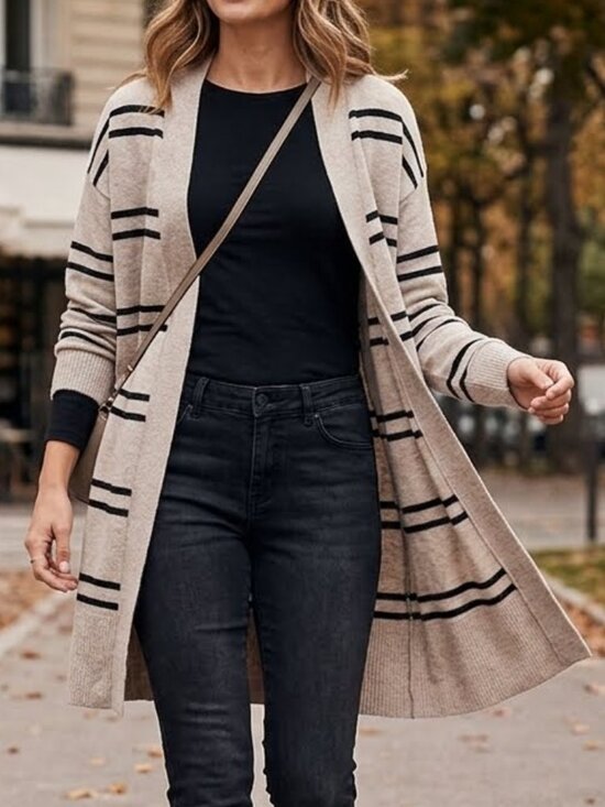 Reitmans Sweaters - Reitmans Woman's Beige Striped Open Front Long Knit Cardigan Size M Cotton Blend